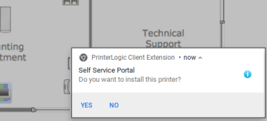 Printer icon Install Printer pop-up asking if you want to install the printer, and the buttons for Yes or No showing in the bottom left. 